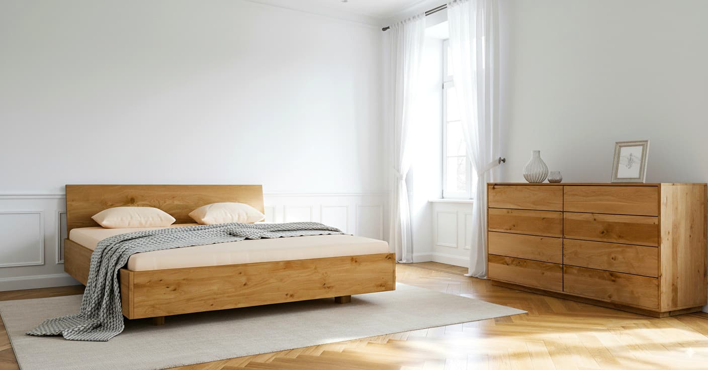 Dielenbett und Kommode Wildeiche Massivholz 180 cm